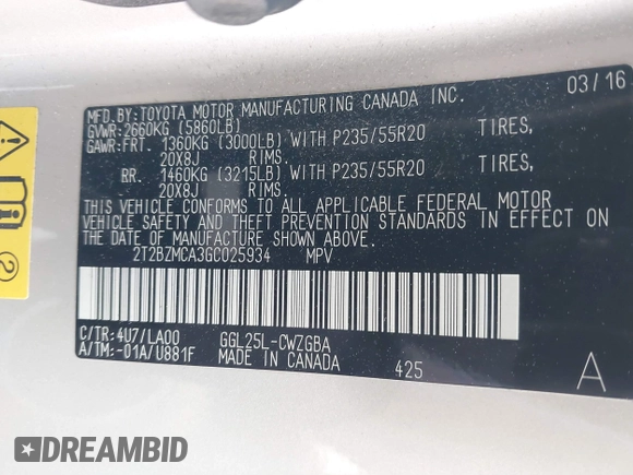2016 Lexus RX 350 with VIN 2T2BZMCA3GC025934, listed as a IAAI auction lot 41885055 with 111,472 mi miles and . Bid and sale history available at DreamBid. Image 9.