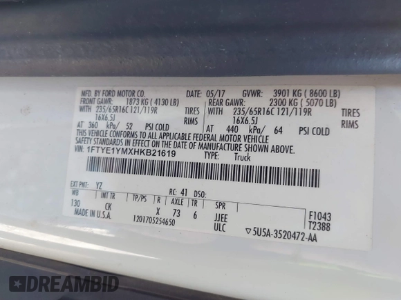 2017 Ford Transit z VIN 1FTYE1YMXHKB21619, wystawiony jako IAAI lot #41330733 z przebiegiem 152 649 mil mil oraz . Historia ofert i sprzedaży dostępna na DreamBid. Obrazek 9.