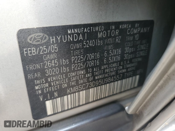 2005 Hyundai Santa Fe GLS with VIN KM8SC73D95U984557, listed as a Copart auction lot 71441994 with 157,371 mi miles and Salvage Title. Bid and sale history available at carsss.com. Image 13.