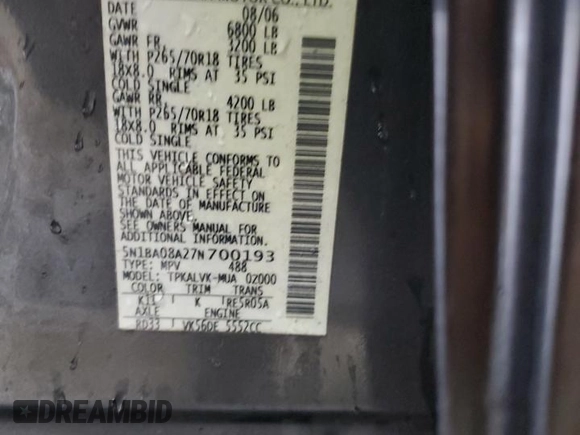 2007 Nissan Armada SE z VIN 5N1BA08A27N700193, wystawiony jako Copart lot #58807975 z przebiegiem 254 318 mil mil oraz Szkoda całkowita • Salvage title. Historia ofert i sprzedaży dostępna na DreamBid. Obrazek 13.