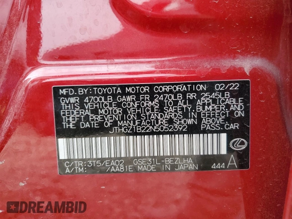 2022 Lexus IS 350 F Sport z VIN JTHGZ1B22N5052392, wystawiony jako Copart lot #47263845 z przebiegiem 19 676 mil mil oraz Szkoda całkowita • Salvage title. Historia ofert i sprzedaży dostępna na DreamBid. Obrazek 13.