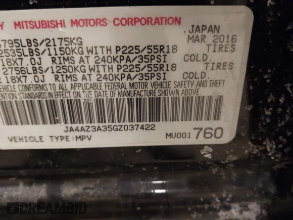 2016 Mitsubishi Outlander SE with VIN JA4AZ3A35GZ037422, listed as a IAAI auction lot 41504909 with 115,242 mi miles and . Bid and sale history available at DreamBid. Image 9.