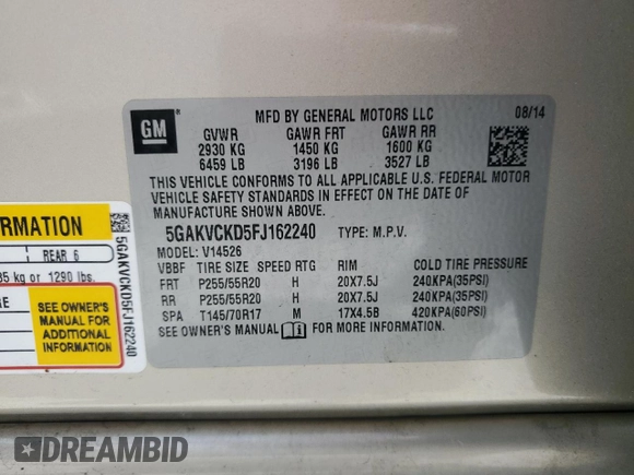 2015 Buick Enclave Premium with VIN 5GAKVCKD5FJ162240, listed as a Copart auction lot 54609675 with 102,280 mi miles and Salvage Title. Bid and sale history available at DreamBid. Image 14.