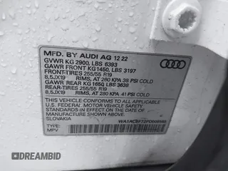 2023 Audi Q7 Premium with VIN WA1ACBF72PD009565, listed as a IAAI auction lot 41022701 with 20,558 mi miles and . Bid and sale history available at DreamBid. Image 9.
