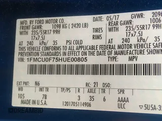 2017 Ford Escape S with VIN 1FMCU0F75HUE00805, listed as a IAAI auction lot 42529873 with 122,969 mi miles and . Bid and sale history available at DreamBid. Image 9.