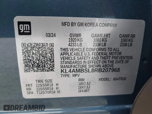 2024 Buick Encore GX Preferred with VIN KL4AMBSL8RB207968, listed as a IAAI auction lot 40748272 with 5,096 mi miles and . Bid and sale history available at DreamBid. Image 9.