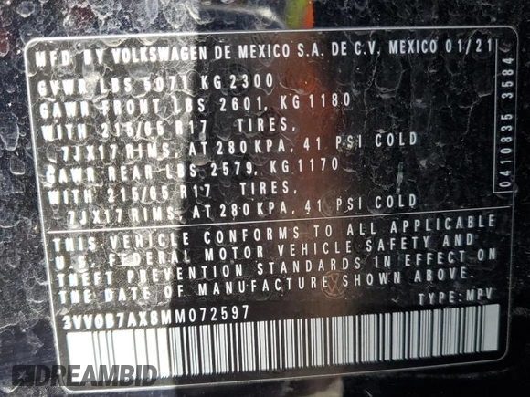 2021 Volkswagen Tiguan S z VIN 3VV0B7AX8MM072597, wystawiony jako Copart lot #52284865 z przebiegiem 48 912 mil mil oraz Szkoda całkowita • Salvage title. Historia ofert i sprzedaży dostępna na DreamBid. Obrazek 15.