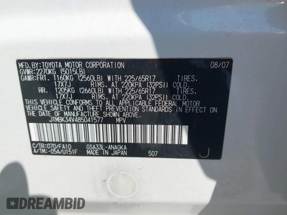 2008 Toyota RAV4 Limited with VIN JTMBK34V485041577, listed as a IAAI auction lot 42393094 with 78,498 mi miles and . Bid and sale history available at DreamBid. Image 9.