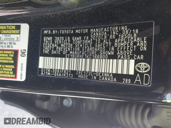 2019 Toyota Corolla L z VIN 2T1BURHE1KC166800, wystawiony jako IAAI lot #41959777 z przebiegiem 50 589 mil mil oraz . Historia ofert i sprzedaży dostępna na DreamBid. Obrazek 9.