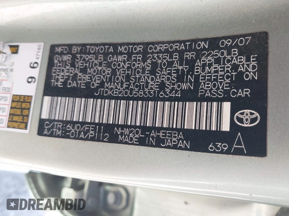 2008 Toyota Prius with VIN JTDKB20U583316344, listed as a IAAI auction lot 42165977 with 192,818 mi miles. Bid and sale history available at carsss.com. Image 9.