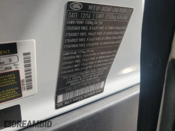 2015 Land Rover Range Rover Supercharged с VIN SALGS3TF6FA210785, выставлен на аукционе Copart как лот 44953645 с пробегом 55 362 миль миль и Списание • Salvage title. История ставок и продаж доступна на DreamBid. Изображение 13.