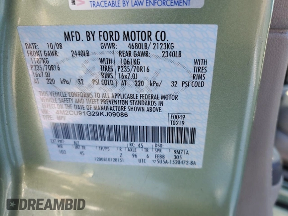 2009 Mercury Mariner with VIN 4M2CU91G29KJ09086, listed as a Copart auction lot 41342835 with 200,207 mi miles and Clean title. Bid and sale history available at DreamBid. Image 12.
