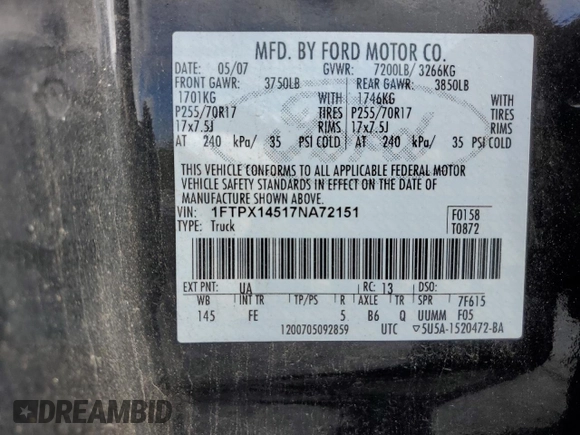 2007 Ford F-150 XLT with VIN 1FTPX14517NA72151, listed as a Copart auction lot 73058554 with 112,588 mi miles and Clean title. Bid and sale history available at DreamBid. Image 12.