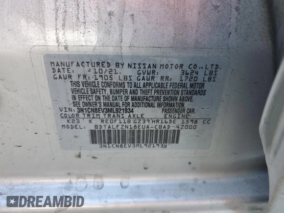 2021 Nissan Versa SV z VIN 3N1CN8EV3ML921934, wystawiony jako Copart lot #81993844 z przebiegiem 31 207 mil mil oraz Szkoda całkowita • Salvage title. Historia ofert i sprzedaży dostępna na DreamBid. Obrazek 14.