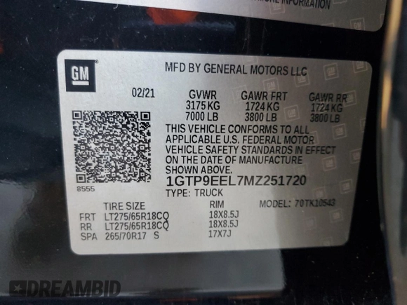 2021 GMC Sierra 1500 AT4 with VIN 1GTP9EEL7MZ251720, listed as a Copart auction lot 42526445 with 54,030 mi miles and Salvage Title. Bid and sale history available at carsss.com. Image 12.
