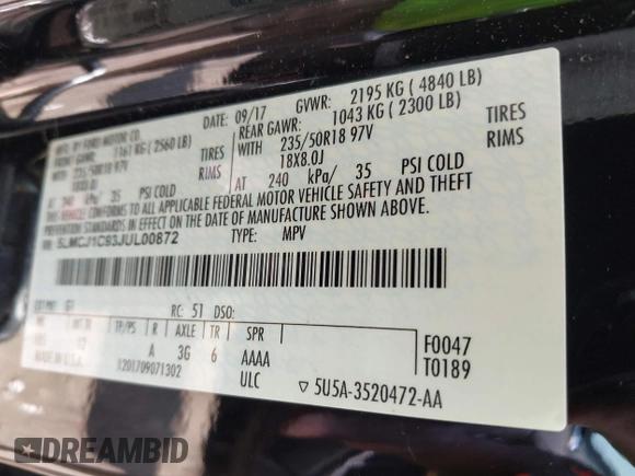 2018 Lincoln MKC Premiere with VIN 5LMCJ1C93JUL00872, listed as a IAAI auction lot 41933337 with 82,493 mi miles and . Bid and sale history available at DreamBid. Image 9.