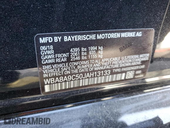 2018 BMW 3 Series 320i with VIN WBA8A9C50JAH13133, listed as a Copart auction lot 85004704 with 54,898 mi miles and Salvage Title. Bid and sale history available at carsss.com. Image 12.