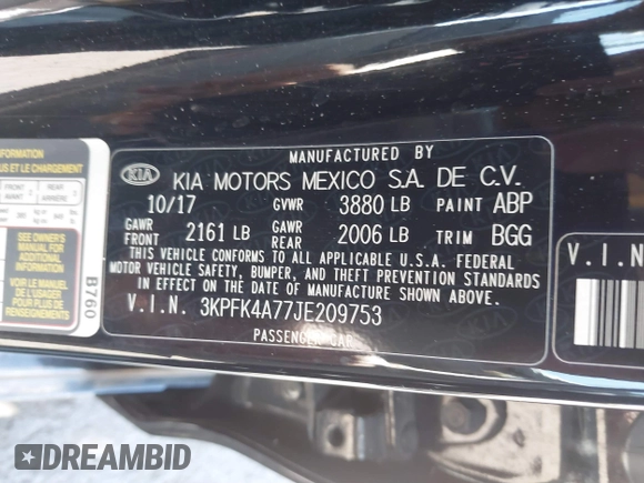 2018 Kia Forte LX with VIN 3KPFK4A77JE209753, listed as a IAAI auction lot 41896792 with 68,623 mi miles. Bid and sale history available at carsss.com. Image 9.