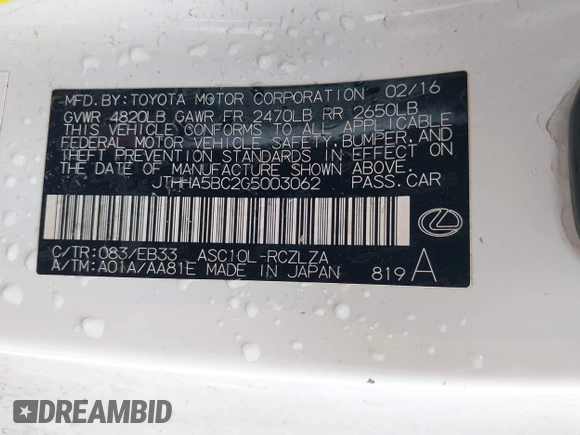 2016 Lexus RC 200t F Sport с VIN JTHHA5BC2G5003062, выставлен на аукционе IAAI как лот 42203917 с пробегом 162 588 миль миль и . История ставок и продаж доступна на DreamBid. Изображение 9.