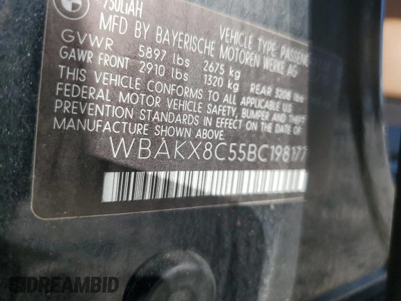2011 BMW 7 Series with VIN WBAKX8C55BC198177, listed as a Copart auction lot 77016924 with 99,275 mi miles and Salvage title. Bid and sale history available at DreamBid. Image 12.