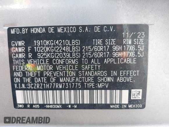 2024 Honda HR-V EX-L with VIN 3CZRZ1H77RM731775, listed as a IAAI auction lot 42477292 with 65,265 mi miles and . Bid and sale history available at DreamBid. Image 9.