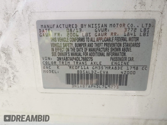 2013 Nissan Sentra SV with VIN 3N1AB7AP4DL769275, listed as a IAAI auction lot 42098621 with 121,828 mi miles. Bid and sale history available at carsss.com. Image 9.