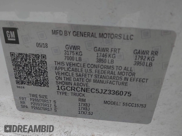 2018 Chevrolet Silverado 1500 Work Truck with VIN 1GCRCNEC5JZ336075, listed as a IAAI auction lot 41484871 with 160,283 mi miles. Bid and sale history available at carsss.com. Image 9.