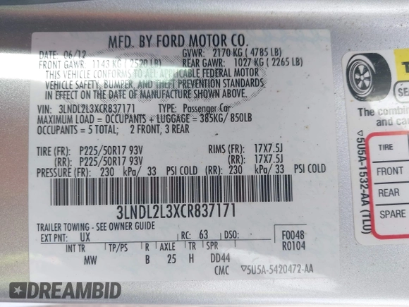 2012 Lincoln MKZ Hybrid with VIN 3LNDL2L3XCR837171, listed as a IAAI auction lot 41771045 with 82,657 mi miles and . Bid and sale history available at DreamBid. Image 9.