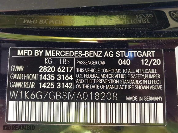 2021 Mercedes-Benz S-Class S 580 with VIN W1K6G7GB8MA018208, listed as a IAAI auction lot 41677731 with 40,073 mi miles. Bid and sale history available at carsss.com. Image 9.