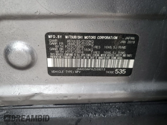 2019 Mitsubishi Eclipse Cross ES с VIN JA4AS3AA1KZ039213, выставлен на аукционе Copart как лот 47651485 с пробегом 128 026 миль миль и Списание • Salvage title. История ставок и продаж доступна на DreamBid. Изображение 12.