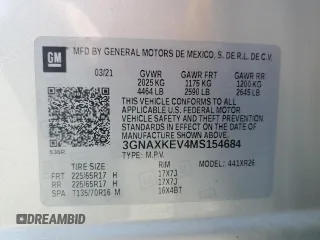 2021 Chevrolet Equinox LT with VIN 3GNAXKEV4MS154684, listed as a Copart auction lot 50693285 with 34,312 mi miles and Salvage Title. Bid and sale history available at DreamBid. Image 15.