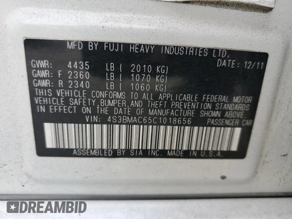 2012 Subaru Legacy Premium z VIN 4S3BMAC65C1018656, wystawiony jako Copart lot #71422004 z przebiegiem 60 405 mil mil oraz Szkoda całkowita • Salvage title. Historia ofert i sprzedaży dostępna na DreamBid. Obrazek 12.