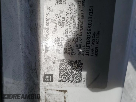 2019 Chevrolet Camaro 1LT with VIN 1G1FB3DS6K0137151, listed as a Copart auction lot 87487964 with 110,558 mi miles and Salvage Title. Bid and sale history available at carsss.com. Image 12.