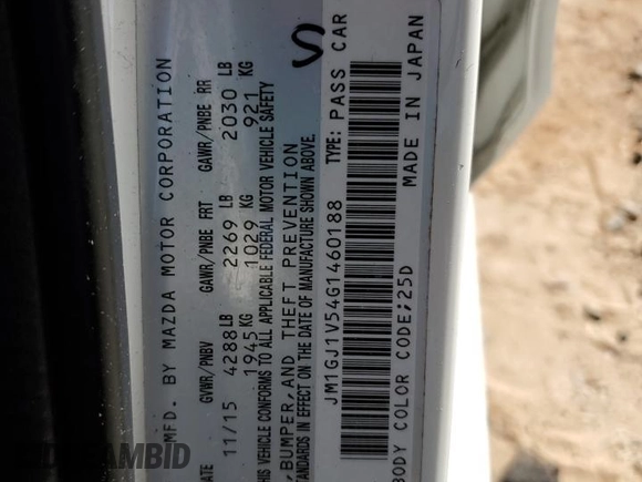 2016 Mazda 6 i Touring with VIN JM1GJ1V54G1460188, listed as a Copart auction lot 48725215 with Not Provided miles and Salvage Title. Bid and sale history available at carsss.com. Image 12.