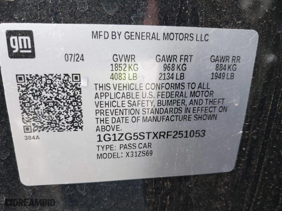 2024 Chevrolet Malibu RS with VIN 1G1ZG5STXRF251053, listed as a IAAI auction lot 41460469 with 7,300 mi miles. Bid and sale history available at carsss.com. Image 9.