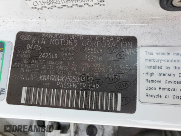 2016 Kia Optima Hybrid EX with VIN KNAGN4AD1G5094117, listed as a Copart auction lot 75078234 with 0 mi miles and Salvage Title. Bid and sale history available at carsss.com. Image 13.