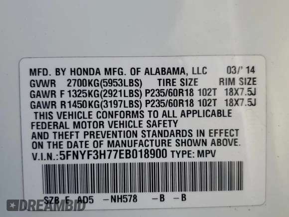 2014 Honda Pilot EX-L with VIN 5FNYF3H77EB018900, listed as a Copart auction lot 85947924 with 74,842 mi miles and Salvage Title. Bid and sale history available at DreamBid. Image 13.