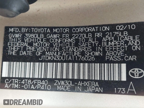 2010 Toyota Prius II with VIN JTDKN3DU1A1176026, listed as a IAAI auction lot 42075412 with 199,219 mi miles. Bid and sale history available at carsss.com. Image 9.
