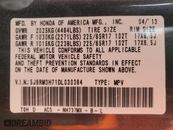 2013 Honda CR-V EX-L with VIN 5J6RM3H71DL030394, listed as a Copart auction lot 47464945 with 146,230 mi miles and Salvage Title. Bid and sale history available at DreamBid. Image 13.