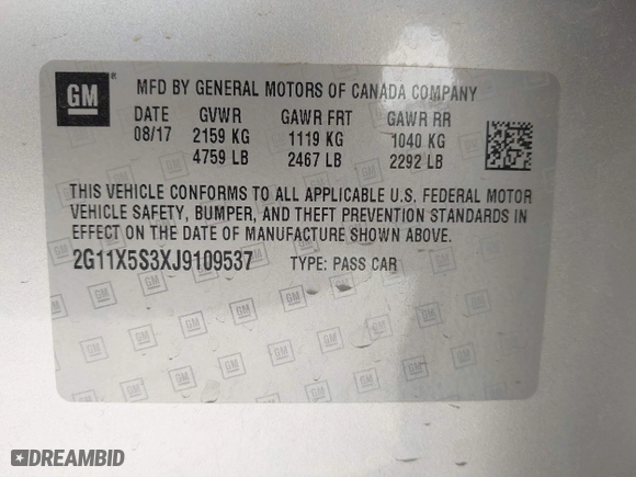 2018 Chevrolet Impala LS with VIN 2G11X5S3XJ9109537, listed as a IAAI auction lot 41911686 with 33,336 mi miles. Bid and sale history available at carsss.com. Image 9.