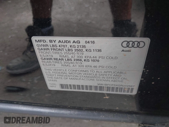 2016 Audi Q3 Premium Plus with VIN WA1BFCFSXGR022587, listed as a IAAI auction lot 42133288 with 141,609 mi miles. Bid and sale history available at carsss.com. Image 9.