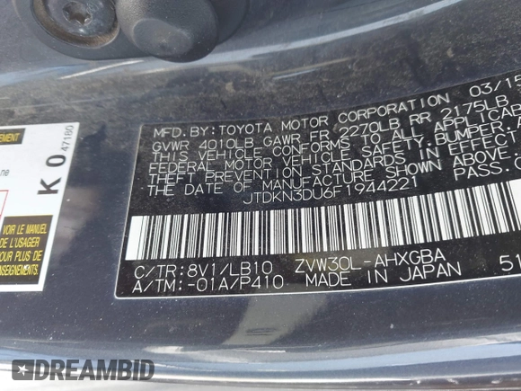 2015 Toyota Prius Four with VIN JTDKN3DU6F1944221, listed as a IAAI auction lot 41613692 with 158,499 mi miles. Bid and sale history available at carsss.com. Image 9.