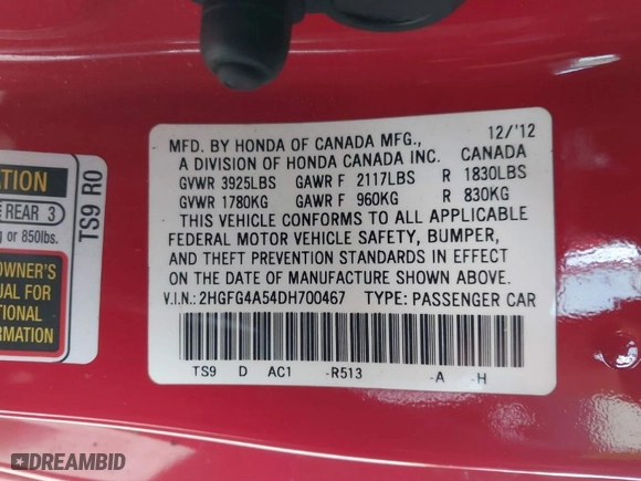 2013 Honda Civic Cpe Si with VIN 2HGFG4A54DH700467, listed as a IAAI auction lot 41829343 with 166,078 mi miles. Bid and sale history available at carsss.com. Image 9.