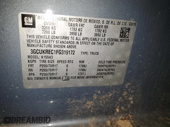 2015 Chevrolet Silverado 1500 LT with VIN 3GCUKREC1FG319172, listed as a Copart auction lot 87322254 with Not Provided miles and Non Repairable. Bid and sale history available at DreamBid. Image 13.