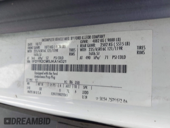 2018 Ford Transit z VIN 1FDYR2CM5JKA14321, wystawiony jako IAAI lot #42231277 z przebiegiem Nie podano mil oraz . Historia ofert i sprzedaży dostępna na DreamBid. Obrazek 8.