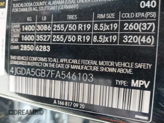 2015 Mercedes-Benz M 400 with VIN 4JGDA5GB7FA546103, listed as a IAAI auction lot 42124141 with Not provided miles and . Bid and sale history available at DreamBid. Image 9.