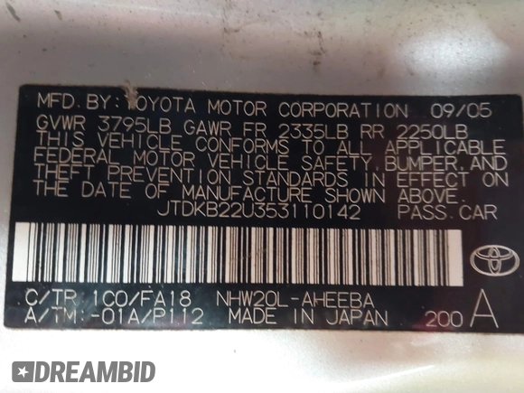 2005 Toyota Prius with VIN JTDKB22U353110142, listed as a IAAI auction lot 42197390 with 254,471 mi miles and . Bid and sale history available at DreamBid. Image 9.