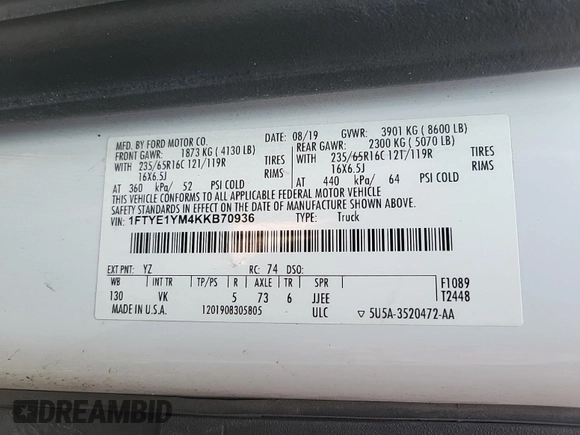 2019 Ford Transit z VIN 1FTYE1YM4KKB70936, wystawiony jako IAAI lot #42525385 z przebiegiem 233 237 mil mil oraz . Historia ofert i sprzedaży dostępna na DreamBid. Obrazek 23.