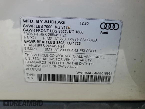 2021 Audi e-tron Sportback Prestige z VIN WA13AAGE4MB018961, wystawiony jako Copart lot #74674294 z przebiegiem Nie podano mil oraz Nie do naprawy • Non repairable. Historia ofert i sprzedaży dostępna na DreamBid. Obrazek 14.