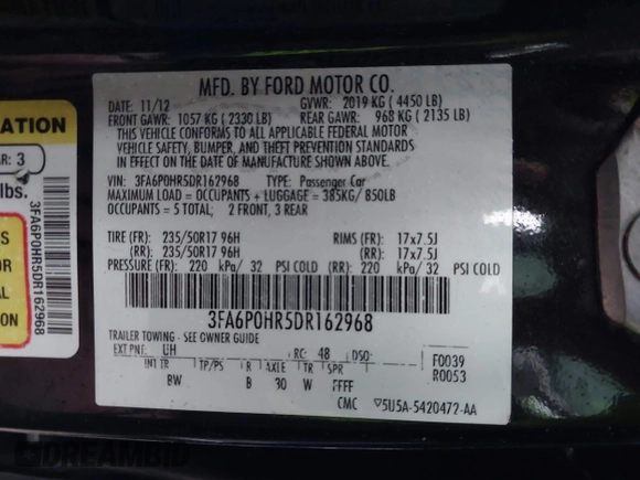 2013 Ford Fusion SE with VIN 3FA6P0HR5DR162968, listed as a IAAI auction lot 41197999 with 196,691 mi miles. Bid and sale history available at carsss.com. Image 9.